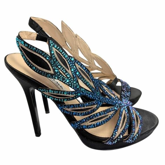 Nina Fauna Flora Black Teal Blue Ombre Rhinestone Feather Platform Heels 7.5 - Picture 1 of 10